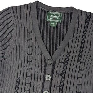 Woolrich Womens M Black Cotton Cable Knit Short Sleeve Cardigan Sweater 13689
